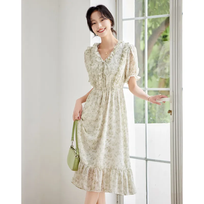 XINFEIYU Short Sleeved Dresses Women's Green Floral-4