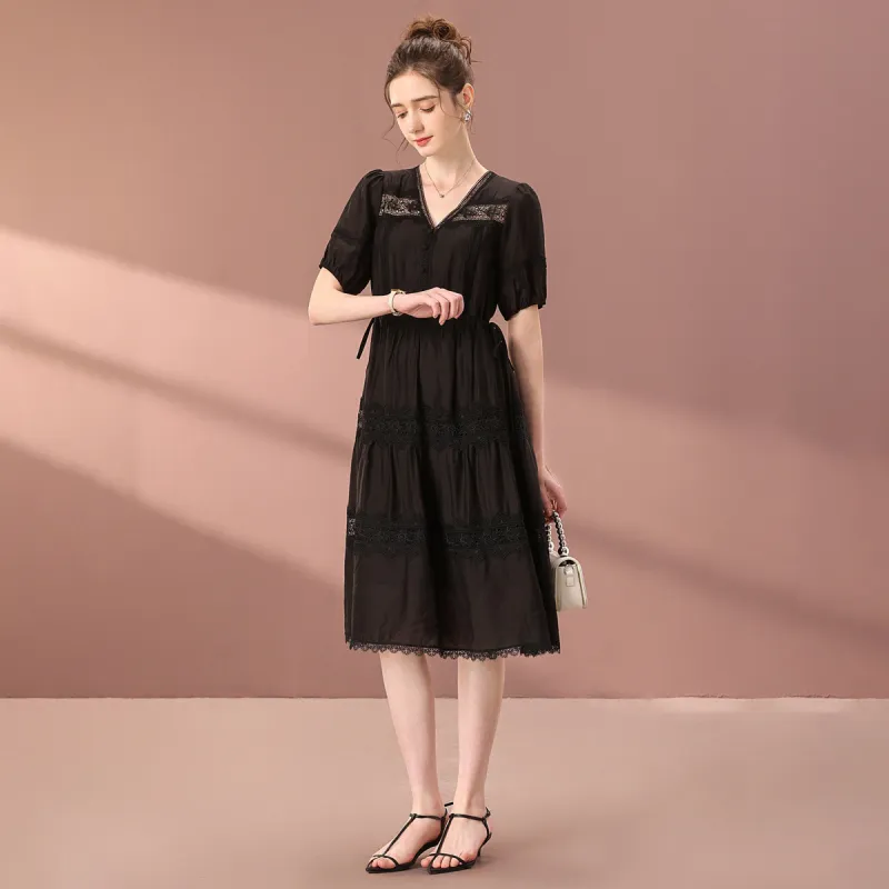 FENHONGMALI Short Sleeved Dresses Women's Black-5