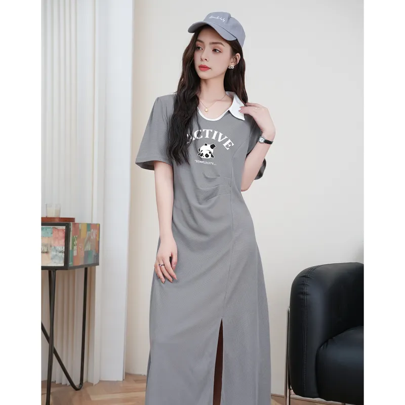 FAWENXIANGZI Short Sleeved Dress Women's Light Gray-1