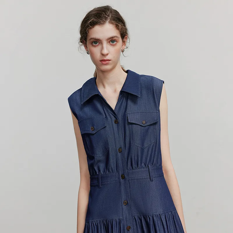 Initial Language Sleeveless Dress Women's Dark Denim Blue-3