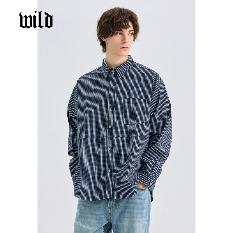 WILD LEADER Shirts Men Navy Blue Plaid[CW51585A17]-1