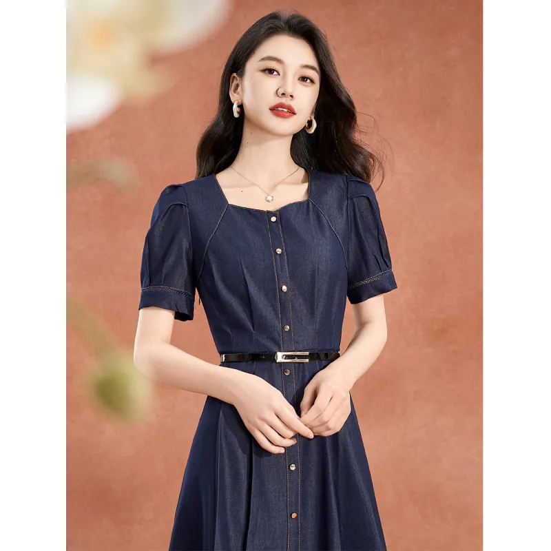 Mylan Short Sleeved Dress Cinched Waist Women's Blue-2