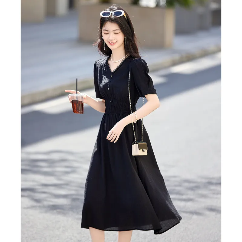 Still Quiet Short Sleeved Dress Women's Elegant Black-1
