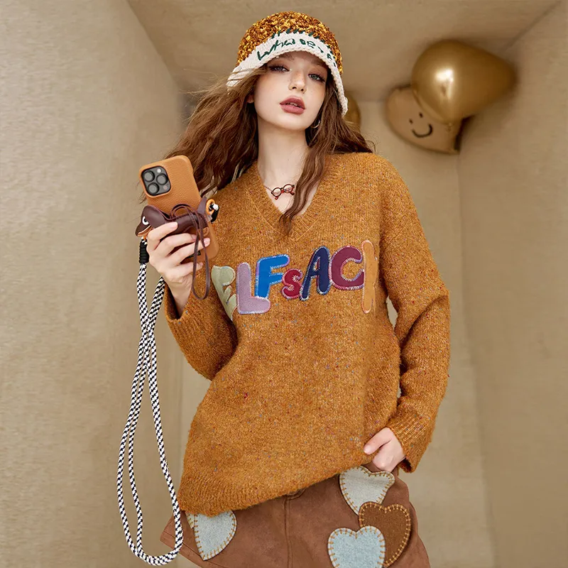ELF SACK Multicolor Plush Letter Effortless Style Sweater Women's-7