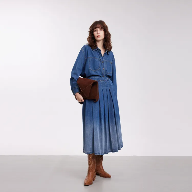 ELLE Casual Long Skirts Women's Denim Blue-3
