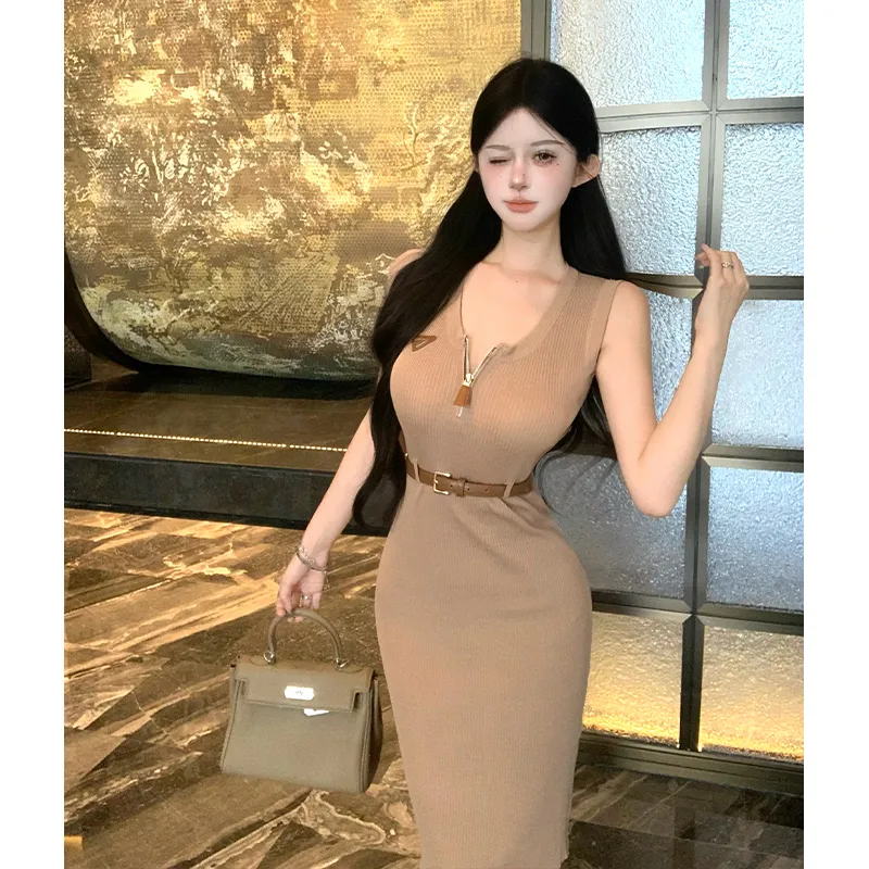 SNZX Sleeveless Dresses Women's Khaki With Belt-4