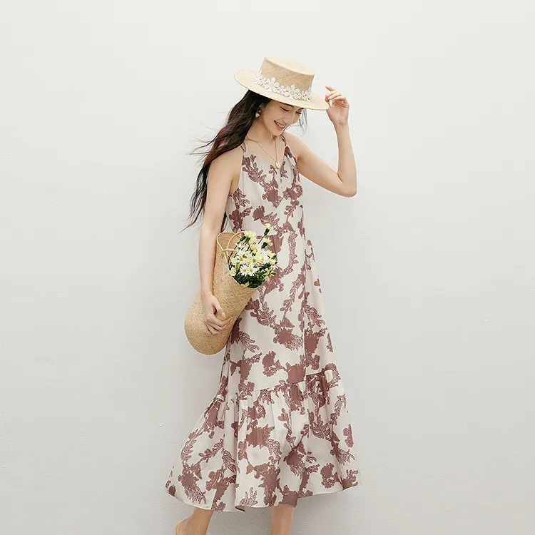 Hopeshow Slip Dresses Women's Coffee Floral 622-4