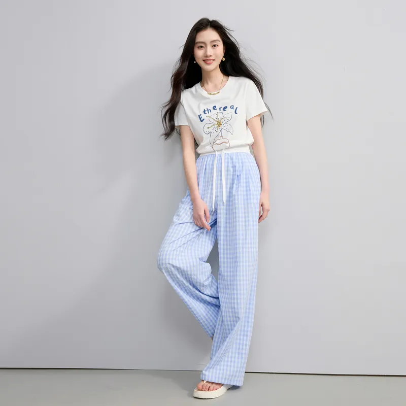 3COLOUR Casual Pants Women's Sky Blue Plaid-3