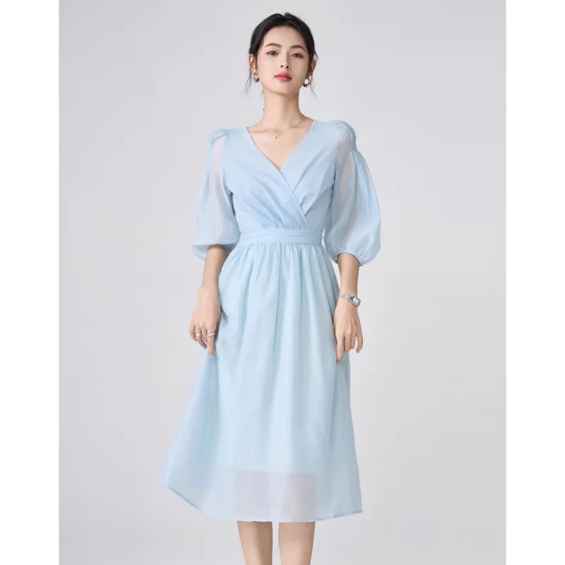 Love Elaine Short Sleeved Dress Cinched Waist Women's Light Blue-4