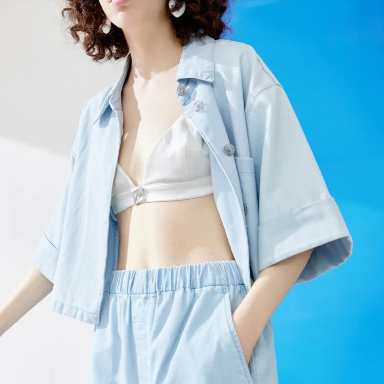 MO&CO Cropped Coats Women's Denim Light Blue-2