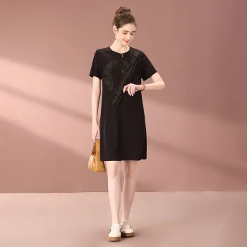 FENHONGMALI Short Sleeved Dress Loose Fit Women's Black