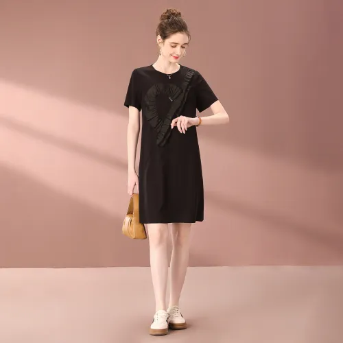 FENHONGMALI Short Sleeved Dress Loose Fit Women's Black