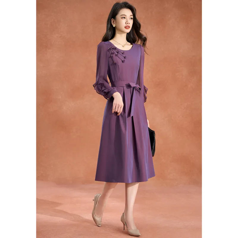 Mylan Spring, Summer, Fall Long Sleeved Dress Cinched Waist Women's Purple-1