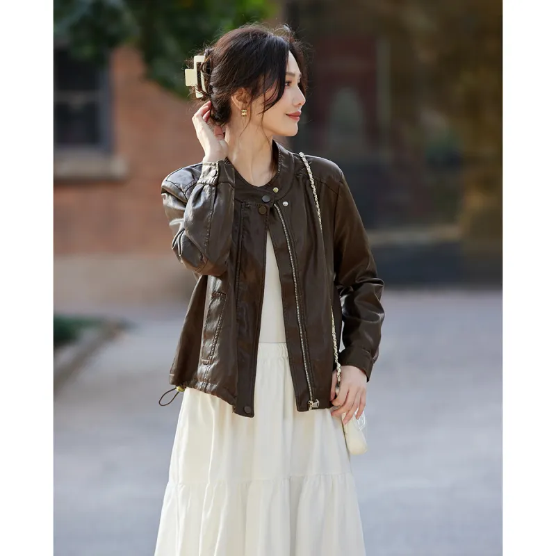 TERRE BLEUE Spring Fall Leather Jacket Loose Fit Women's-2