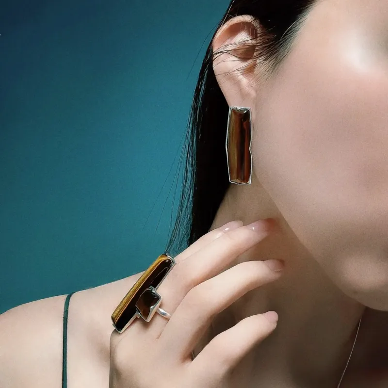 Qurioustone Tiger's Eye Stone Earrings Unisex-2