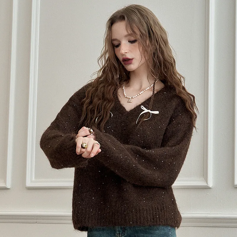 ELF SACK Fuzzy V Neck Pullover Sweater With Fine Sparkle Women's-2