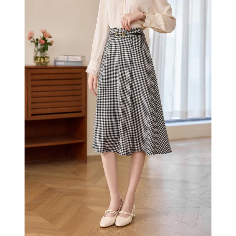 Like The Age Of Water Casual Long Skirt Women's Black Plaid-3