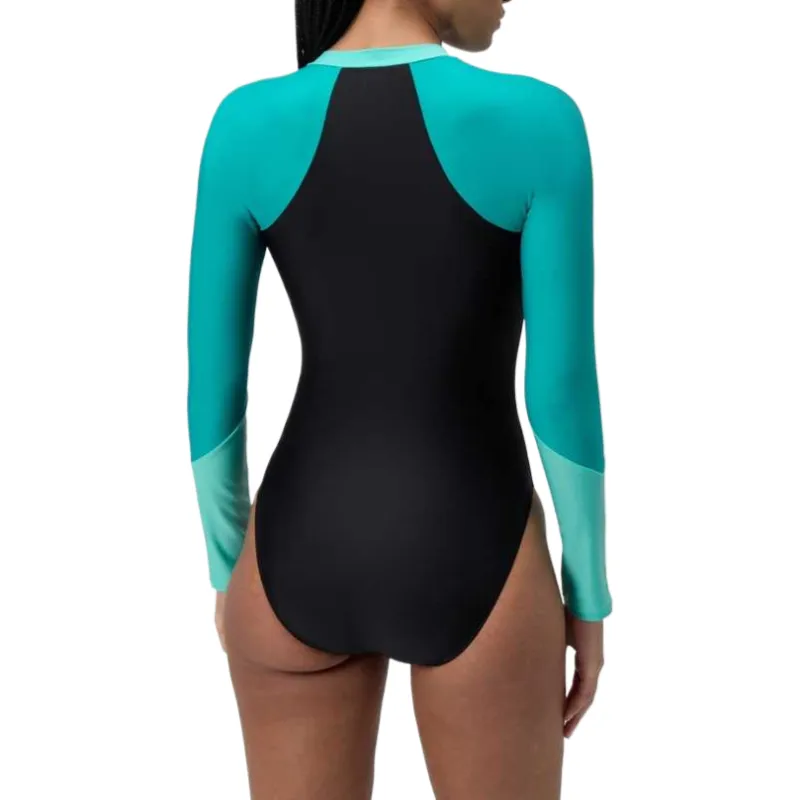 Speedo Women's Colourblock Long Sleeve Swimsuit Black/Green One piece Swimsuit Women's Black/Green-1