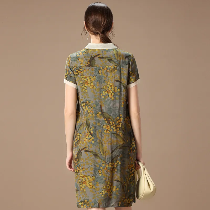 FENHONGMALI Short Sleeved Dress Women's Yellow Floral-3