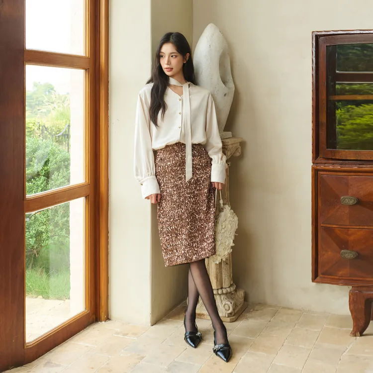 Three Quarters Casual Long Skirt Women's Brown-2