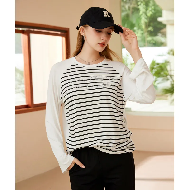 FAWENXIANGZI T Shirt Women's Ecru/Black Stripe-3