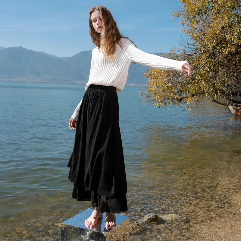 3COLOUR Casual Long Skirt Women's Classic Black-6