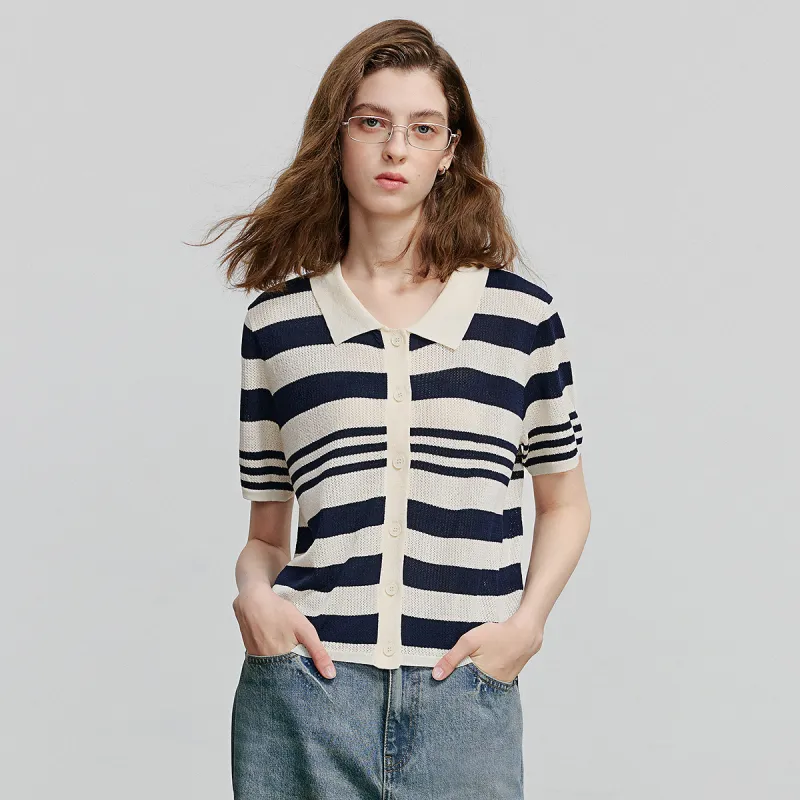 Initial Language Knitwear Women's Navy Blue Ecru Stripes-1