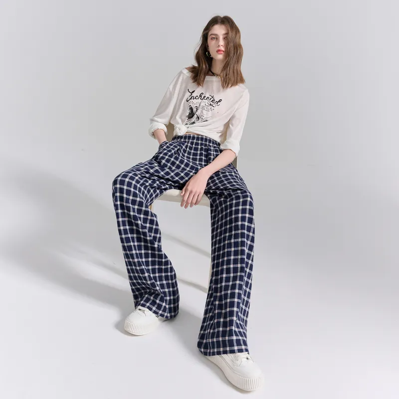 3COLOUR Casual Pants Women's Deep Sea Blue Plaid-5