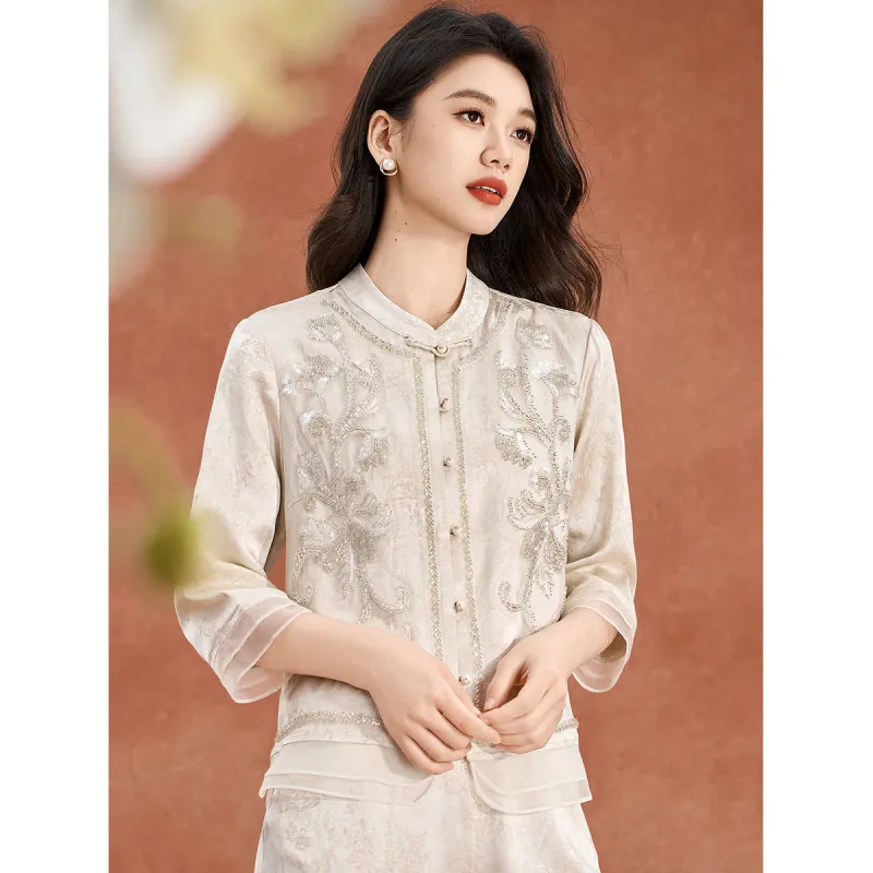 Mylan Casual Suits Women's Beige Heavyweight Beads Design-4