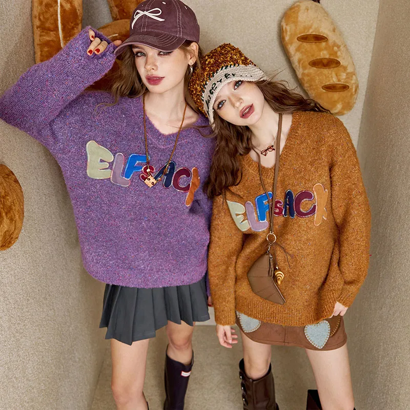 ELF SACK Multicolor Plush Letter Effortless Style Sweater Women's-1