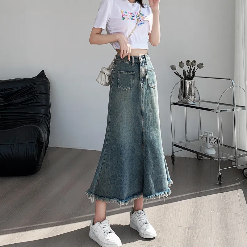 XIANSINIAO Denim Long Skirt Women's-2