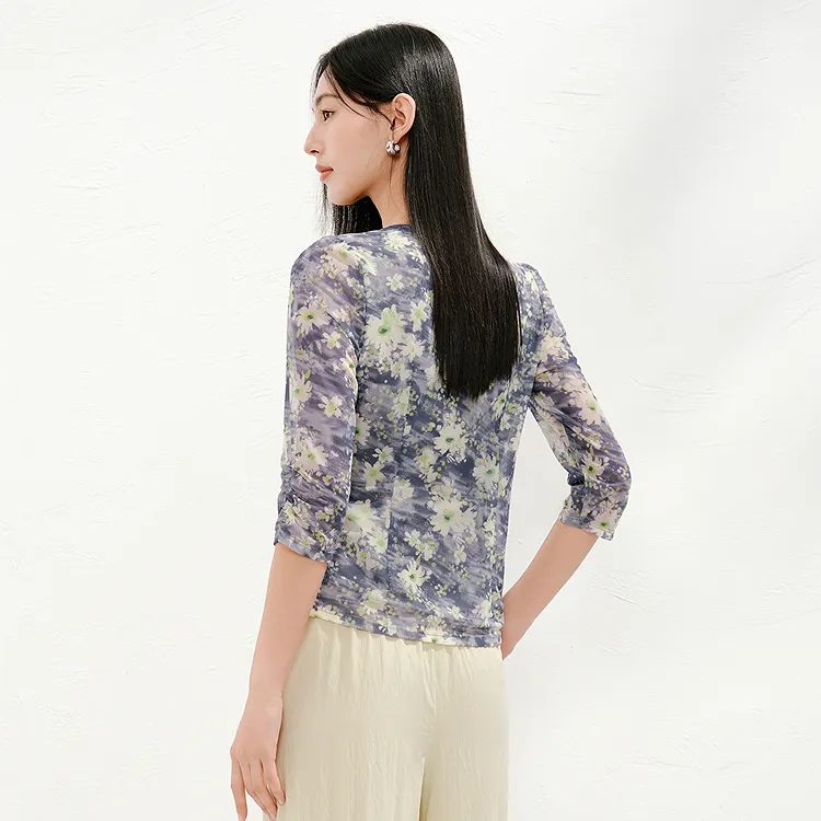 JZ. ANNAKRO Chiffon Shirt Women's Flower Violet Blue-3