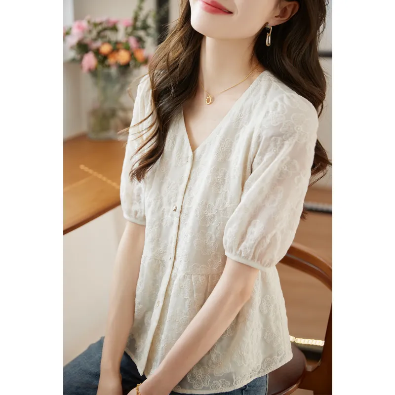 Still Quiet Sheer V Neck Refined Embroidery Shirt Women's-4
