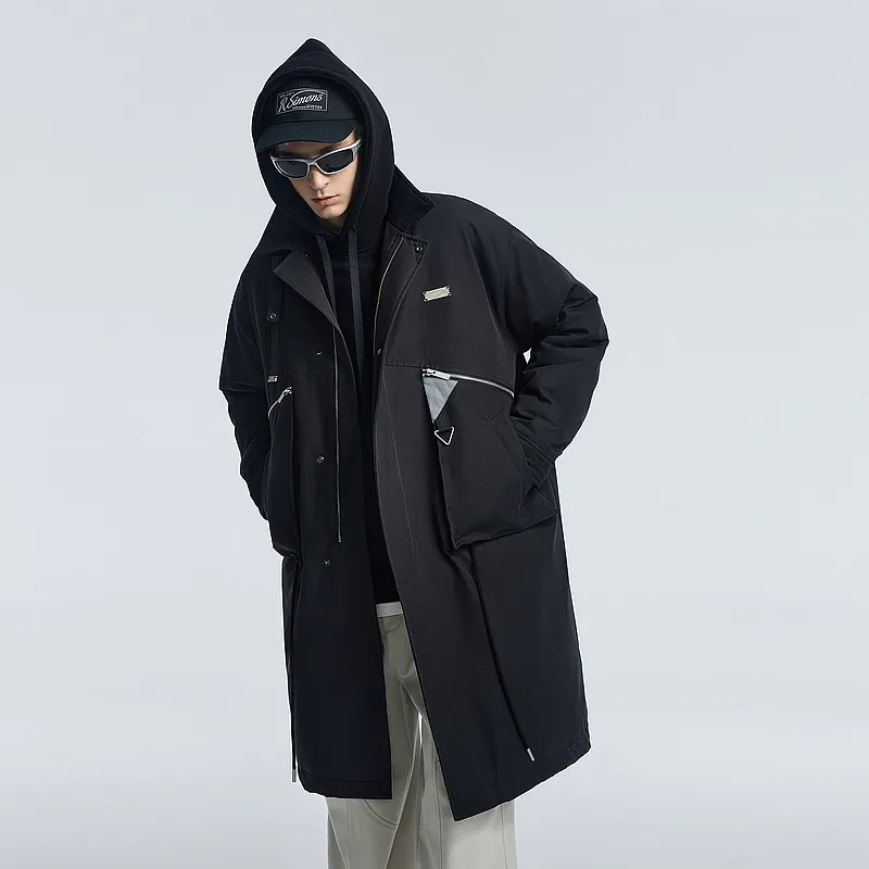 Lilbetter Solid Color Stand Collar Loose Fit Long Puffer Jacket Men's Black-4