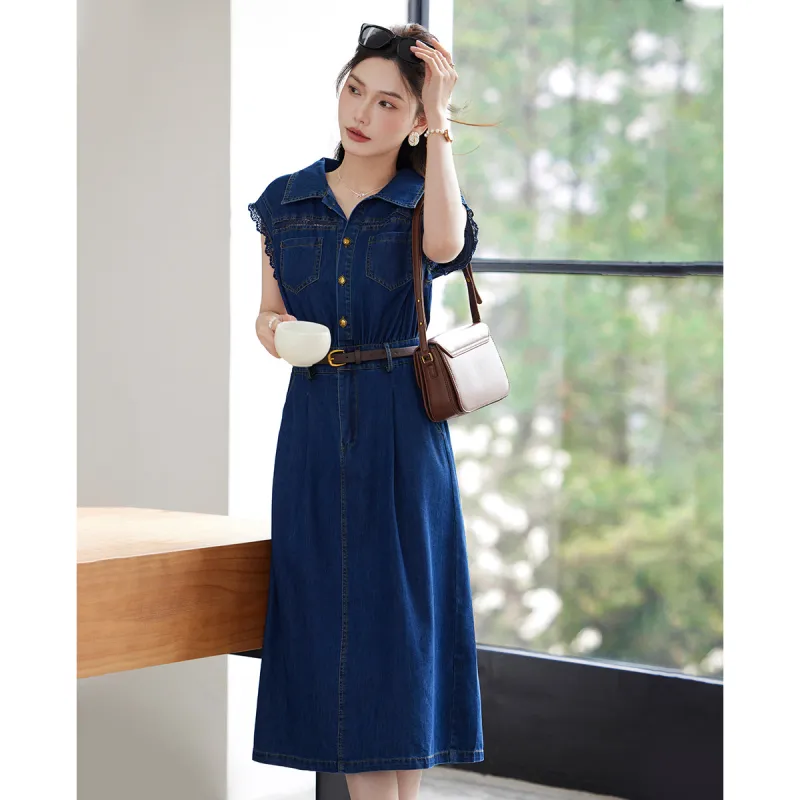 TERRE BLEUE Short Sleeved Dress Loose Fit Women's Dark Blue-1
