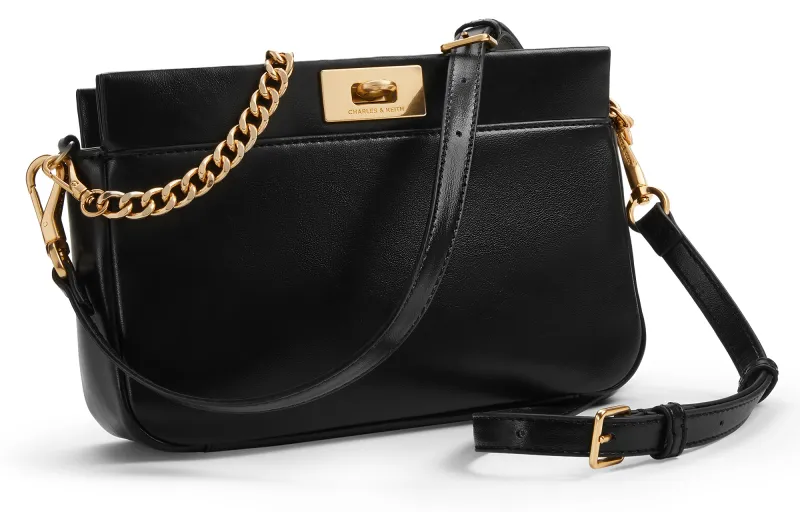 CHARLES&KEITH PU One Shoulder Underarm Crossbody Bag Trumpets Women's Cream Milk White/Black-7