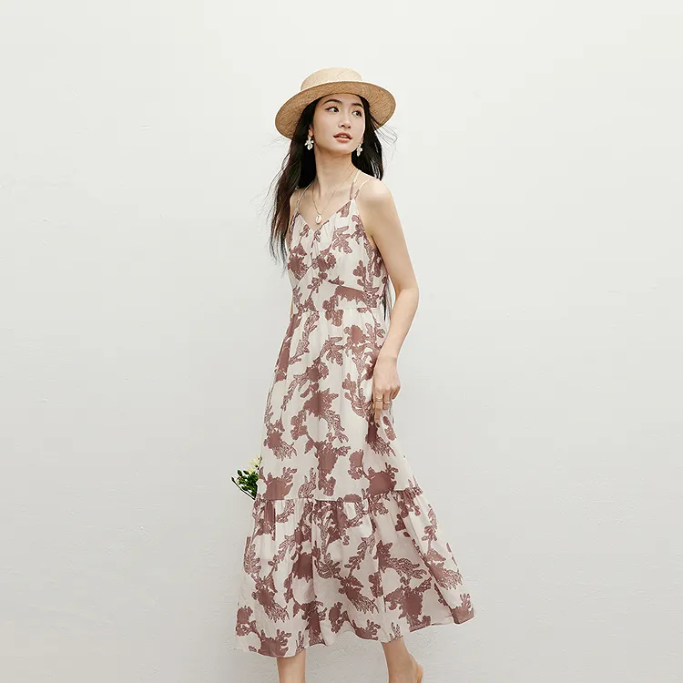 Hopeshow Slip Dresses Women's Coffee Floral 622-3