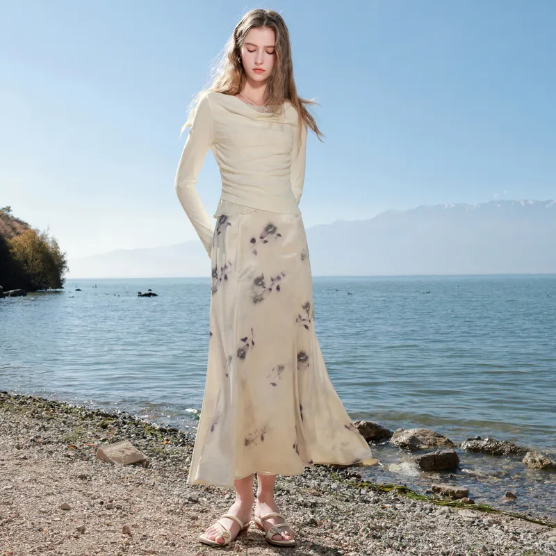 3COLOUR Casual Long Skirt Women's Champagne-6