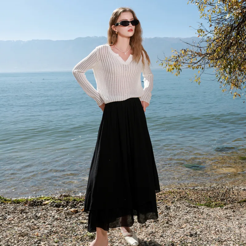 3COLOUR Casual Long Skirt Women's Classic Black-5