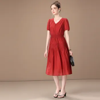 FENHONGMALI Short Sleeved Dresses Women's Red
