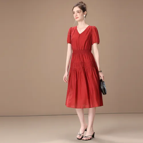 FENHONGMALI Short Sleeved Dresses Women's Red