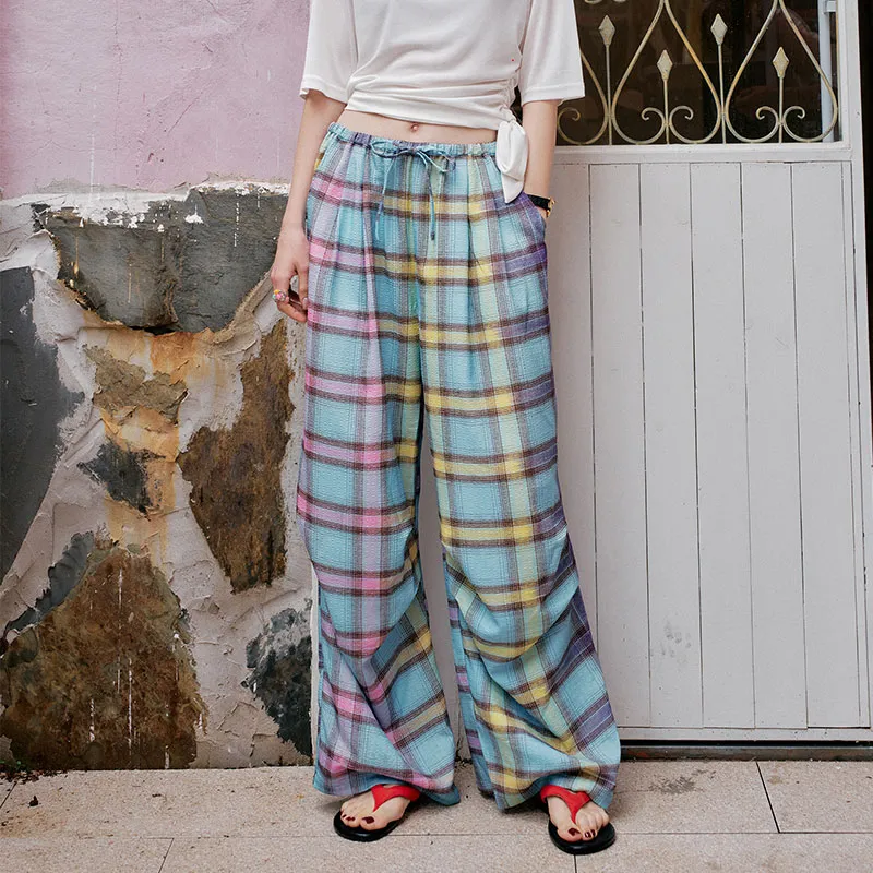 ELF SACK Casual Pants Women's Naughty Blue Pink Plaid-2