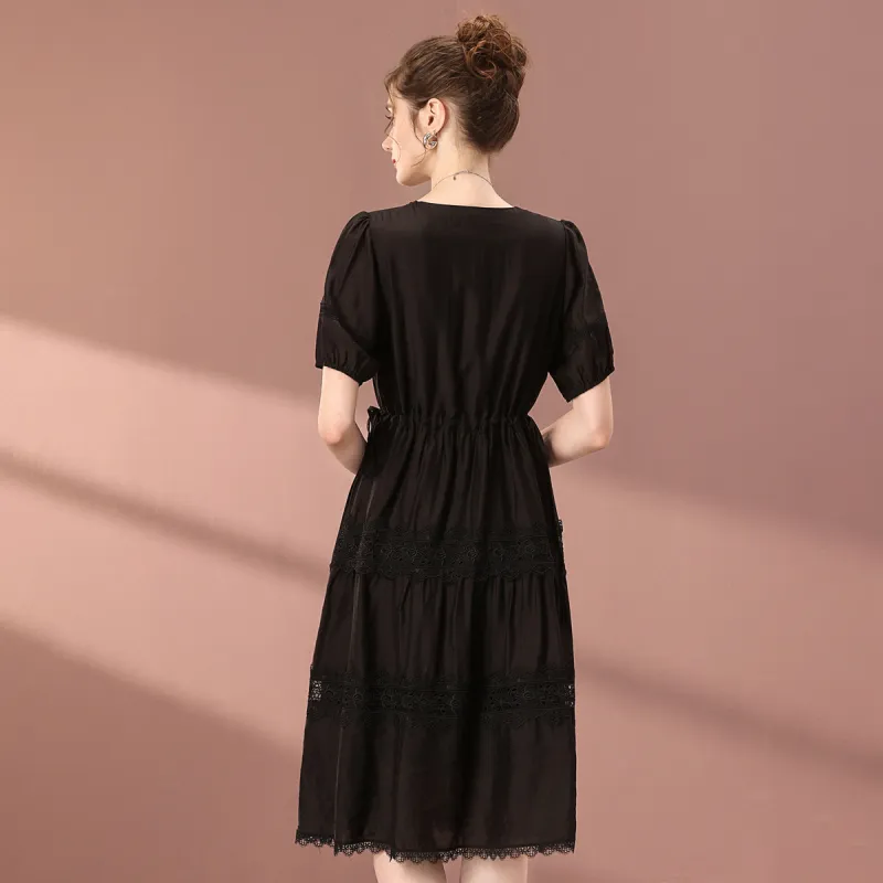 FENHONGMALI Short Sleeved Dresses Women's Black-6