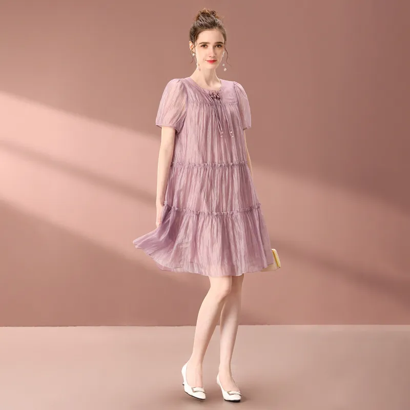 FENHONGMALI 2025 Spring Summer Short Sleeved Dress Loose Fit Women's Purple-2