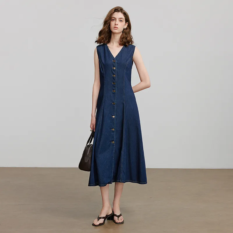 Initial Language Sleeveless Dress Women's Dark Blue-4