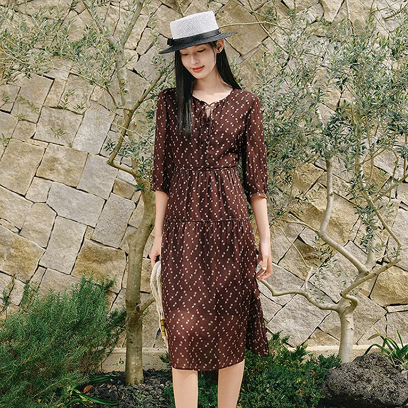 JZ. ANNAKRO Long Sleeved Dress Women's Floral Dark Coffee-5