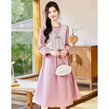 Like The Age Of Water Spring Long Sleeved Dress Slim Fit Women's Pink Purple