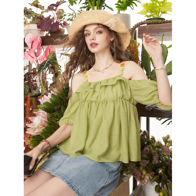ELF SACK Chiffon Shirts Women's Floral Mustard Green-1