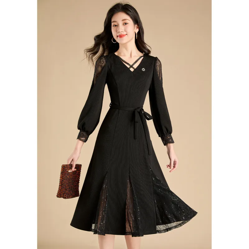 Mylan Spring, Fall Long Sleeved Dress Cinched Waist Women's Black Collection Brand, Get Activity Alerts In Real Time-3
