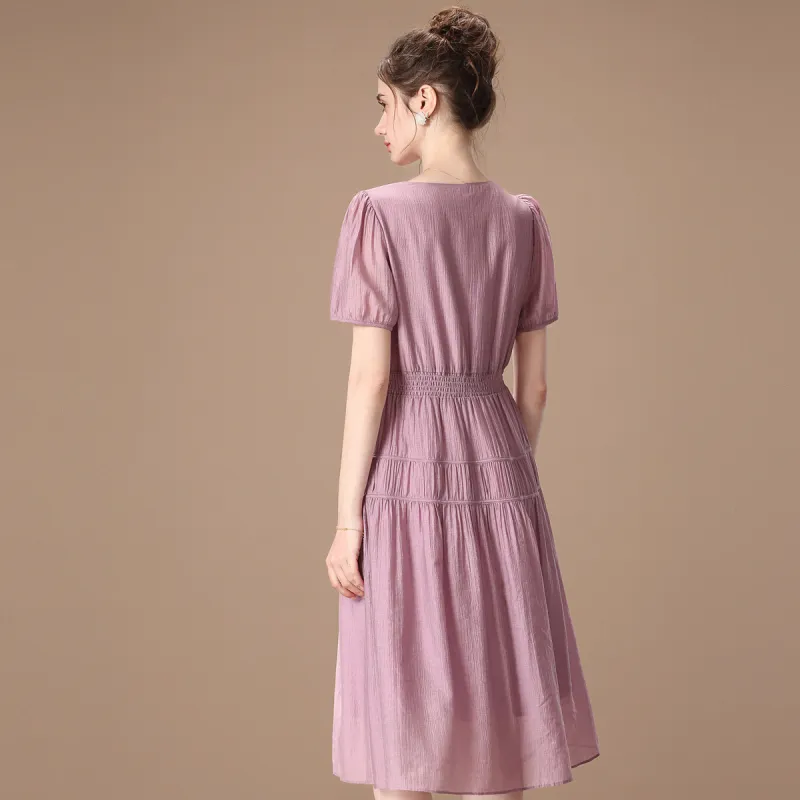 FENHONGMALI Spring Short Sleeved Dresses Cinched Waist Women's Purple-4